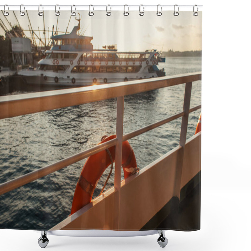 Personality  Lifebuoy On Ship Railing With Sea During Sunset At Background, Istanbul, Turkey  Shower Curtains