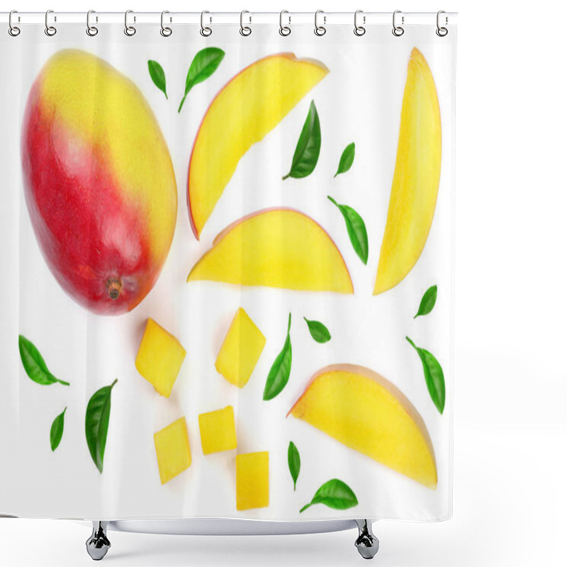 Personality  Mango Fruit Decorated With Leaves Isolated On White Background Close-up. Top View. Flat Lay Shower Curtains