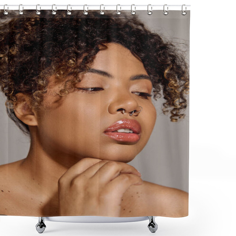 Personality  Stunning African American Woman With Curly Hair Exuding Grace And Beauty In A Studio Setting. Shower Curtains