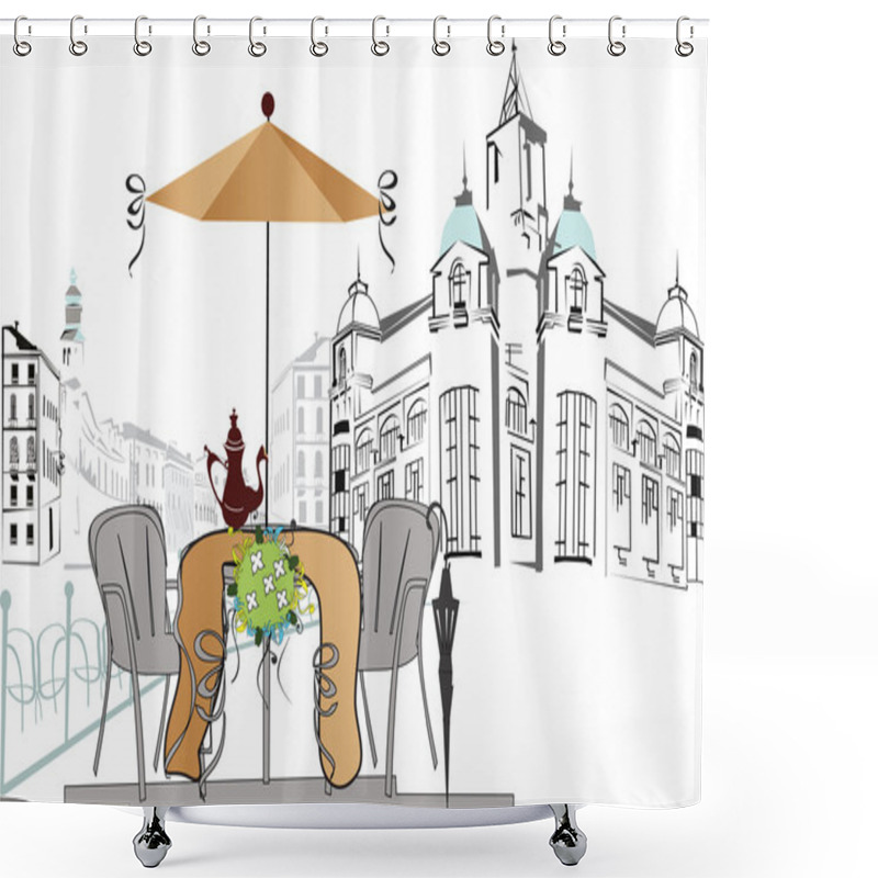 Personality  Series Of Old Streets With Cafes In Sketches Shower Curtains