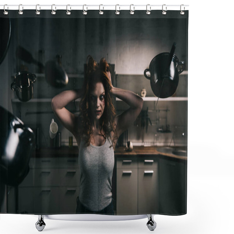 Personality  Demonic Woman With Levitating Kitchenware In Kitchen Shower Curtains