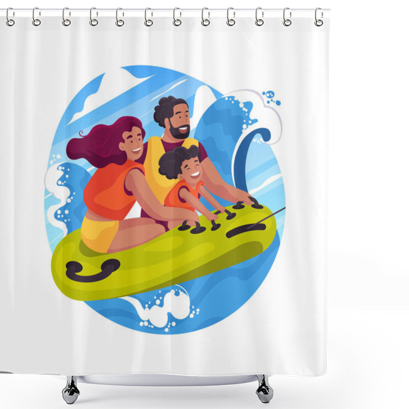 Personality  Tubing Isolated Cartoon Vector Illustration. Family Sitting On A Big Inflated Tube, Aquatic Park Fun Activity, Children Riding With Parents, Tubing Attraction, Splash Of Water Vector Cartoon. Shower Curtains