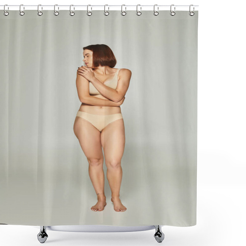 Personality  Full Length Of Shy Woman In Beige Underwear Looking Over Shoulder On Grey Background, Vulnerability Shower Curtains