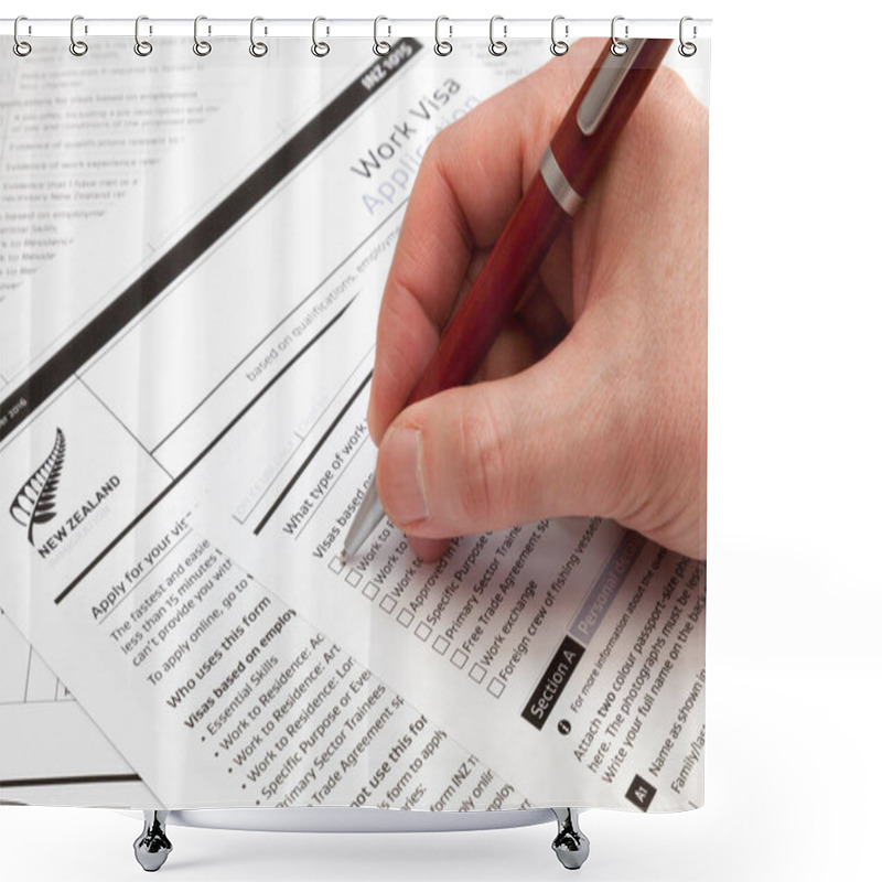 Personality  A Man Holding A Ballpoint Pen To Fill A Work Visa Application Form To New Zealand. Shower Curtains