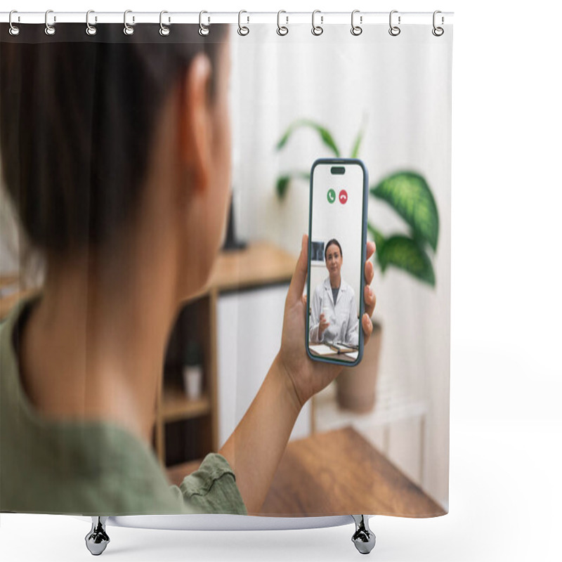 Personality  Person Receiving Medical Consultation Through A Video Call With A Smiling Doctor On A Smartphone, Illustrating Accessible Telehealth Services.  Shower Curtains