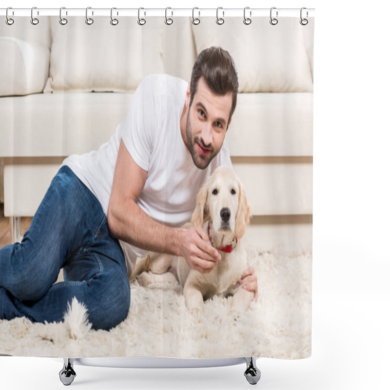 Personality  Man Holding Puppy Shower Curtains