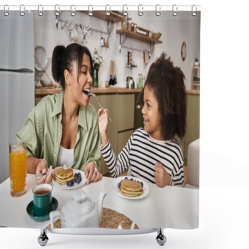 Personality  Mother And Daughter Share A Cozy Breakfast Of Pancakes And Fresh Fruit. Shower Curtains