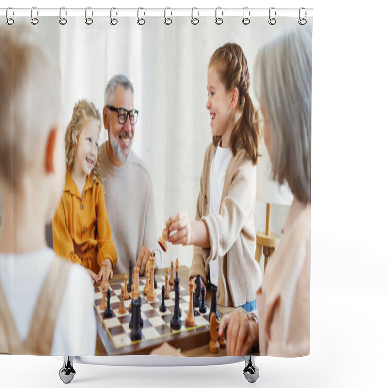 Personality  Children Brother And Sister Playing Chess While Sitting In Living Room With Senior Grandparents Shower Curtains