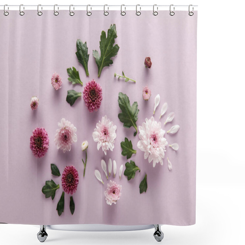 Personality  Top View Of Blooming Spring Chrysanthemums With Leaves And Petals On Violet Background Shower Curtains