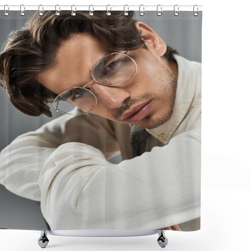 Personality  Dressed In Elegant Formal Attire, A Young Man Confidently Poses, Showcasing Modern Style Against A Sleek Backdrop. Shower Curtains