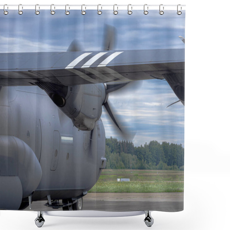 Personality  A C-130 Hercules Of The US Air Force During A NATO Exercise: Iconic Military Transport Aircraft In Action, Delivering Troops, Equipment, And Supplies To A Field Airstrip For Joint Operations. Shower Curtains