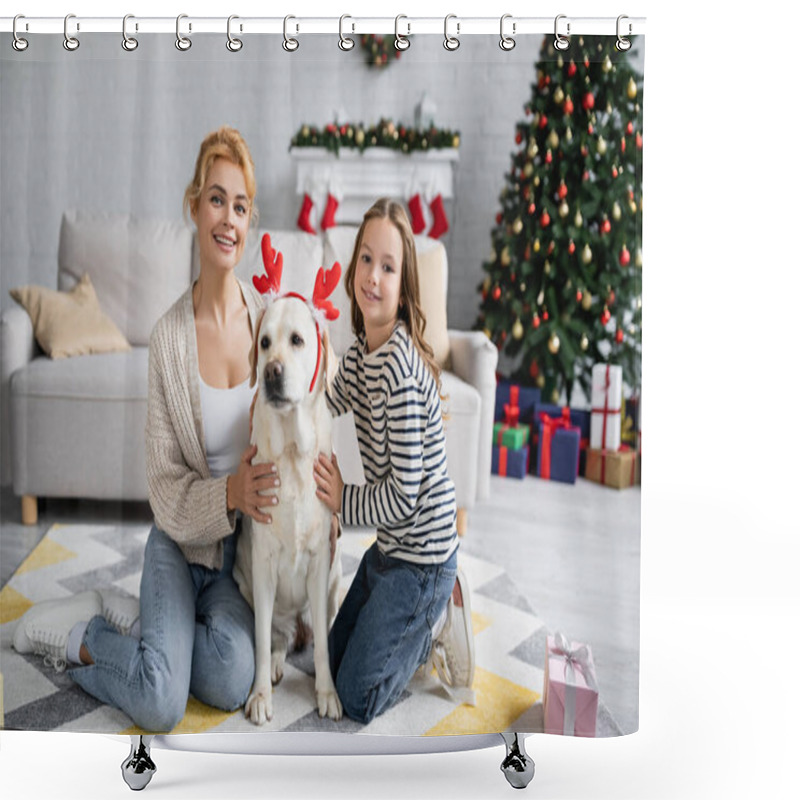 Personality  Smiling Mother And Daughter Petting Labrador With Christmas Headband Near Present At Home  Shower Curtains