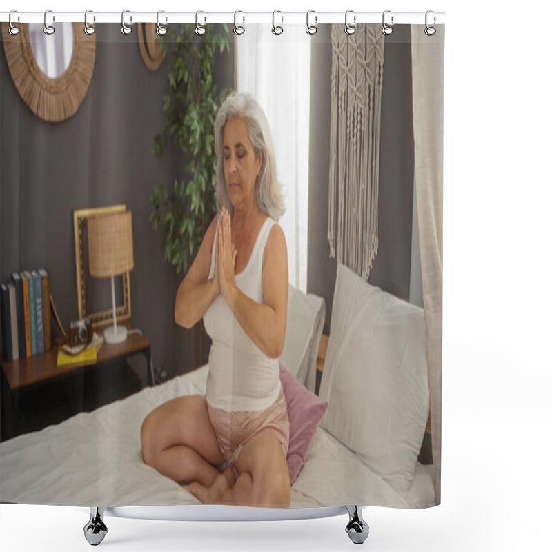 Personality  Elderly Woman Meditating On Bed In Cozy Bedroom Interior With Grey Walls And Green Plant Shower Curtains