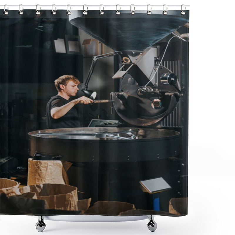 Personality  Male Worker Loading Loading Roaster With Coffee Beans Shower Curtains