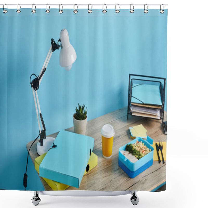 Personality  Lunch Box With Healthy Food And Coffee In Paper Cup At Workplace With Folders And Papers On Wooden Table On Blue Background Shower Curtains