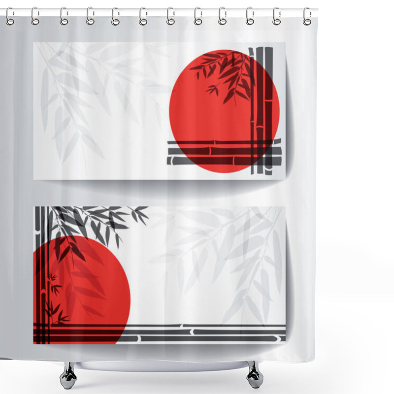 Personality  Banners With Bamboo Trees And Leaves With Red Sun On White Background.  Shower Curtains