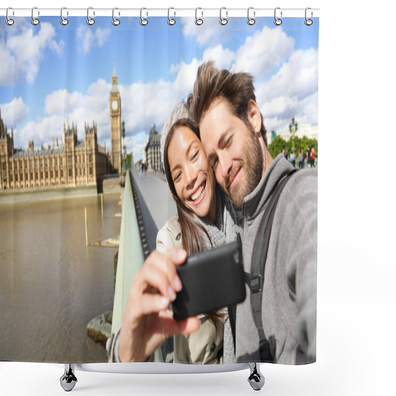 Personality  London Tourist Couple Taking Photo Near Big Ben Shower Curtains