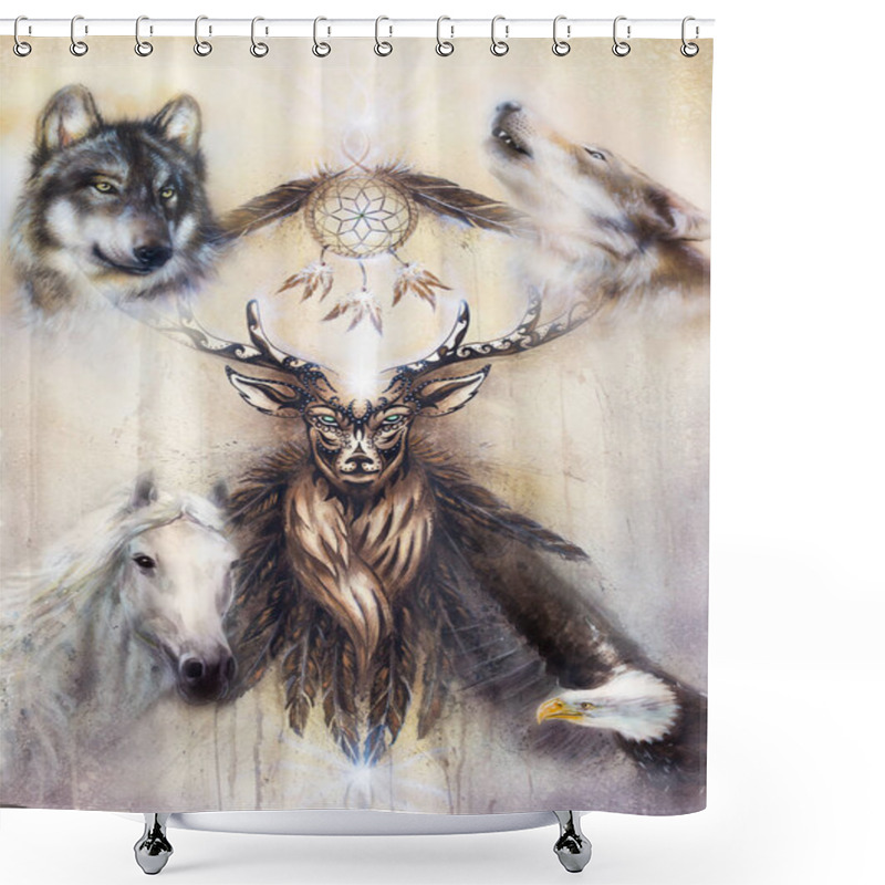 Personality  Sacred Ornamental Deer Spirit With Dream Catcher Symbol And Animals. Shower Curtains