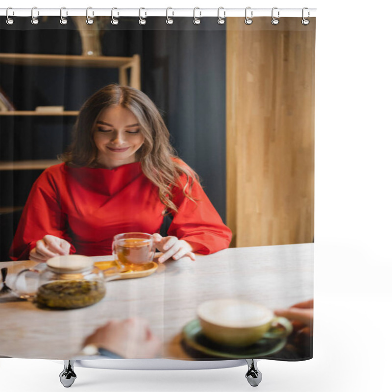 Personality  Cheerful Young Woman In Red Dress Looking At Glass Cup With Green Tea Near Boyfriend   Shower Curtains