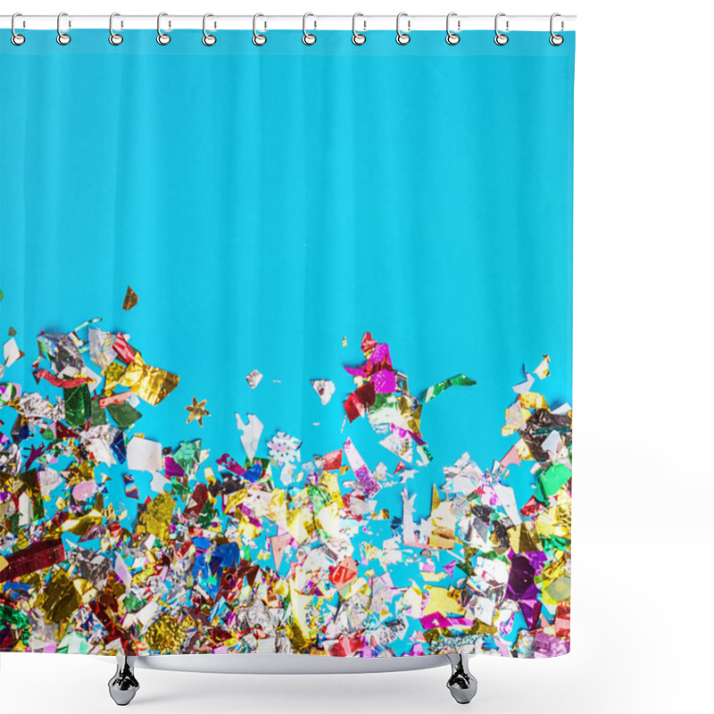 Personality  Blue Paper With Bright Confetti Top View. Copy Space. Top View, Flat Lay. Frame Holiday Party Concept Shower Curtains