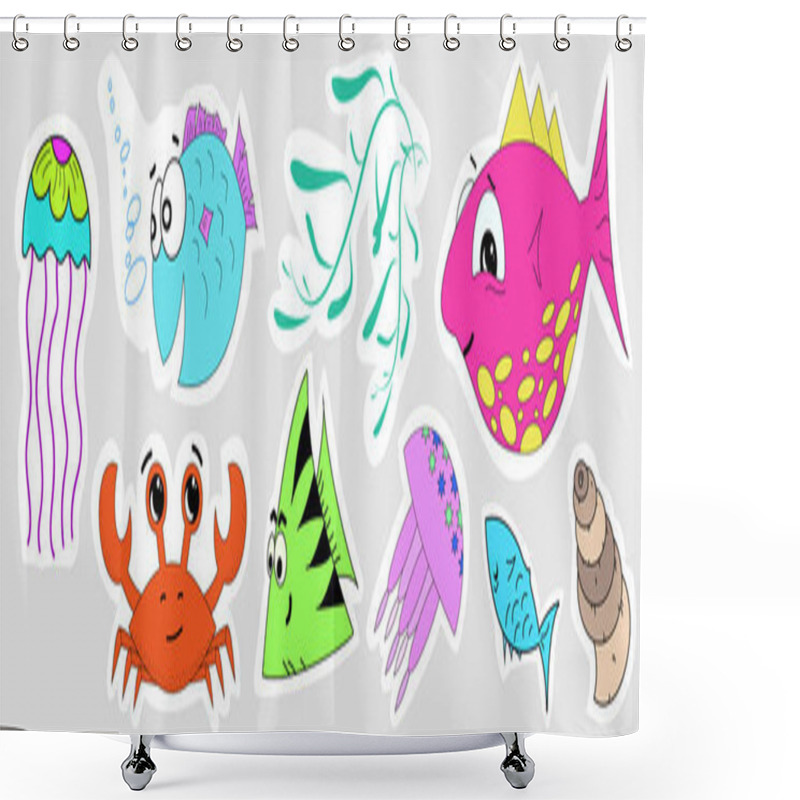 Personality  A Set Of Stickers Of Marine Inhabitants. Baby Illustrations Of Fish, Crab, Jellyfish, Seaweed, Seashells. Marine Stickers For Children. Sea Set Sticker. Shower Curtains