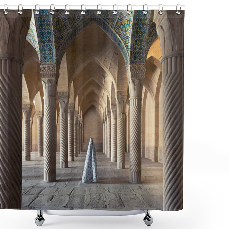 Personality  Woman In Veil Standing Between Carved Columns Of Vakil Mosque In Shiraz Shower Curtains