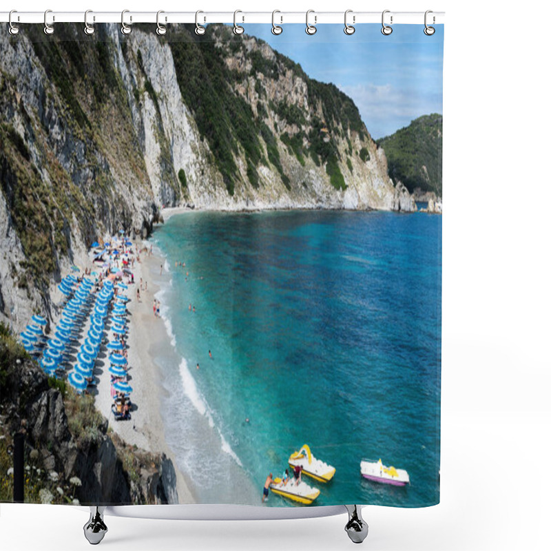 Personality  Sansone Beach At The Elba Island In Summer, With Sunbeds And Sun Umbrella With Many Bathers At The Seashore And Colored Paddle Boats Shower Curtains