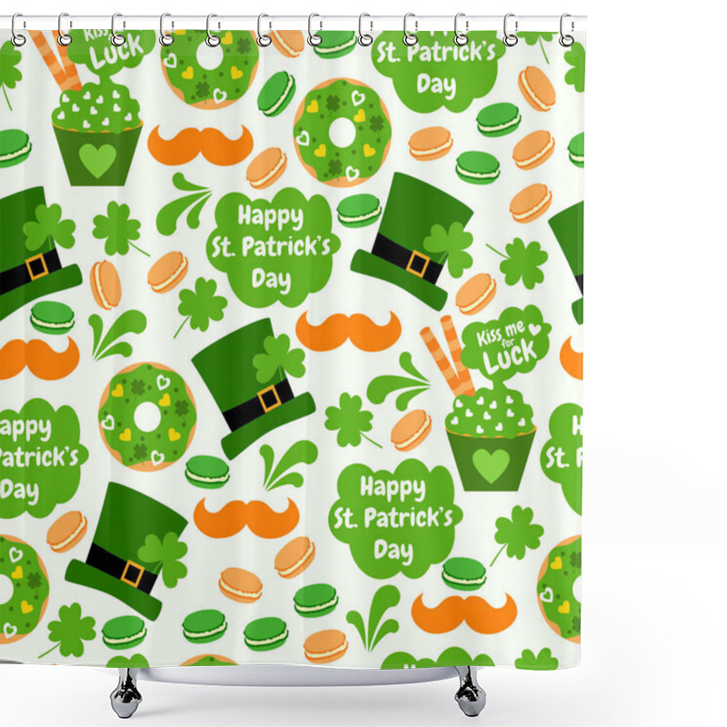 Personality  Sweet Seamless Pattern With Donuts, Hats, Clover, Mushrooms, Cupcakes, Hearts, Macaroons, Wafer Rolls. Kiss Me For Luck. Happy St. Patrick's Day. Holiday Background.  Shower Curtains