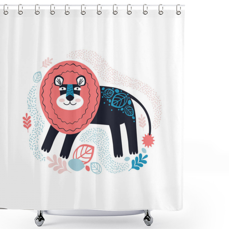 Personality  Cute Hand Drawn Lion And Tropic Plants. Funny Cartoon Animal. Character Is A Wild Cat. Africa, Safari. Ilustration, Poster, Baby Wear. Scandinavian Style Flat Design. Concept For Children Print Shower Curtains