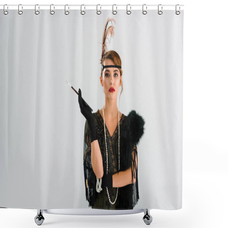 Personality  Stylish Woman With Cigarette Holder Looking At Camera Isolated On Grey  Shower Curtains