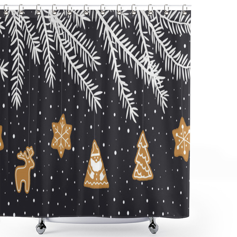 Personality  Fir Branches With Holiday Decorations. Seamless Border. Christmas Cookies On The Tree. There Is A Santa Claus, A Deer And Stars In The Picture. Vector Illustration On A Dark Blue Background Shower Curtains