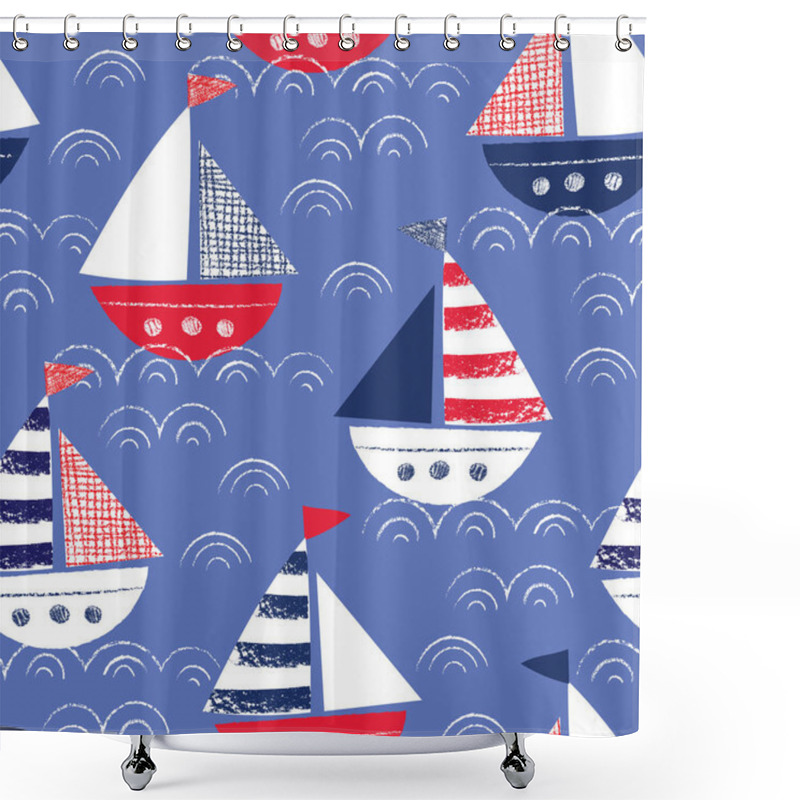 Personality  Whimsical Hand-Drawn With Crayons Ships In The Sea Vector Seamless Pattern. Cute Nautical Marine Background Shower Curtains