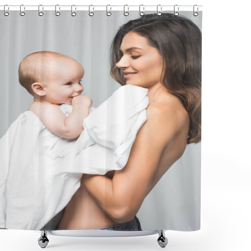 Personality  Portrait Of Cheerful Naked Mother Holding Baby Boy, Isolated On Grey Shower Curtains