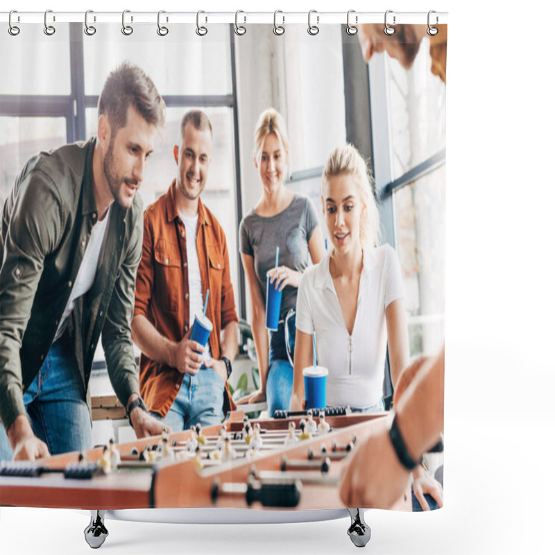 Personality  Cropped Shot Of Expressive Casual Business People Playing Table Football At Office And Having Fun Together Shower Curtains