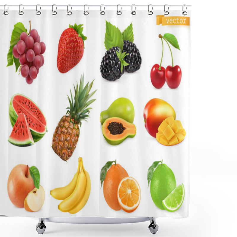 Personality  Sweet Fruits. Grapes, Strawberry, Blackberry, Cherry, Watermelon, Pineapple, Papaya, Mango, Apple, Banana, Orange, Lime. 3d Realistic Vector Objects Shower Curtains