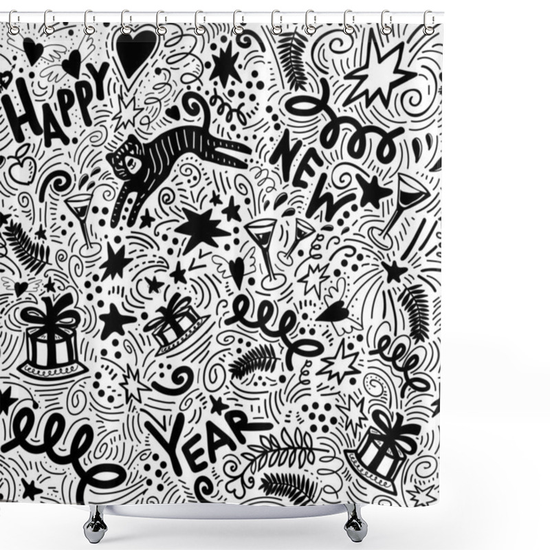 Personality  Christmas Doodle Seamless Pattern With New Years Symbols Drawn By Hand. Shower Curtains