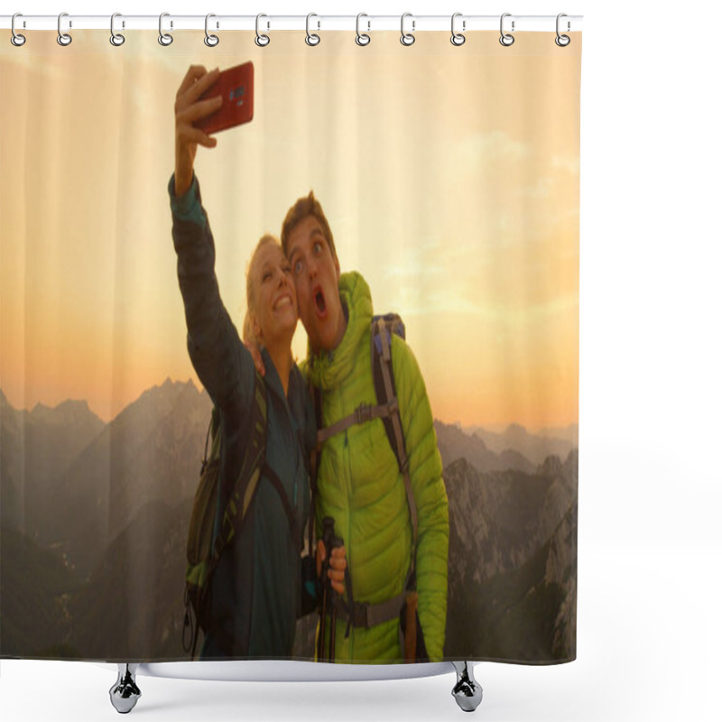 Personality  PORTRAIT: Goofy Hiker Couple Making Funny Faces While Taking Selfies At Sunset. Shower Curtains