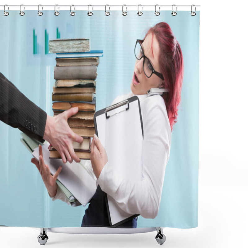 Personality  Overworked Woman Burdened With Tasks By Male Superiors. A Clear Example Of Power Abuse At Work Shower Curtains