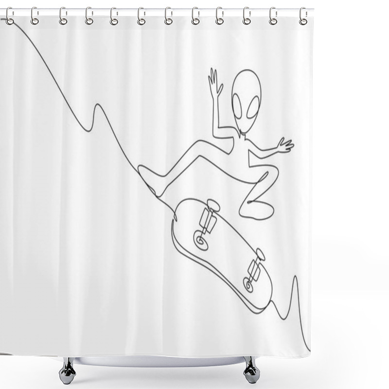 Personality  Single Continuous Line Drawing Alien Is Playing Skateboard With Pose Jump And Perform Tricks. Likes Extreme Sports That Get The Adrenaline Pumping. Alien Day. One Line Design Vector Illustration Shower Curtains