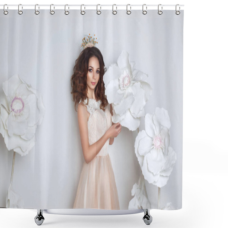 Personality  Beautiful Bride Posing In Peach Wedding Dress And Flower Crown In A White Photo Studio. Big  White Flowers Decoration Shower Curtains