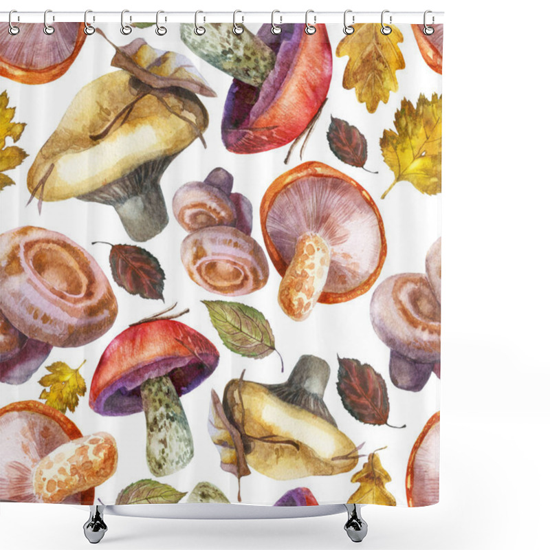 Personality  Watercolor Illustration, Pattern. Forest Motif. Mushrooms And Leaves On A White Background Shower Curtains