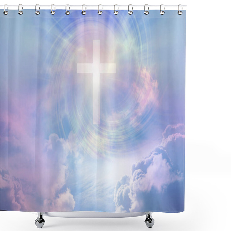 Personality  The Power And The Glory For Ever And Ever Amen - Beautiful Surreal Heavenly Cloud Scene With A White Cross And Rainbow Coloured Vortex  Providing A Religious Meditation Background  Shower Curtains