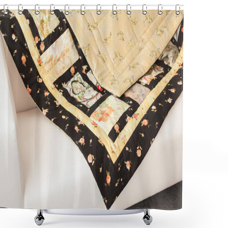 Personality  Interior Design, Embellishment, Cosiness Concept. There Is Wonderful Decoration Of The Room, Handcraft Blanket That Was Sewed Of Various Patches In Light Shades Shower Curtains