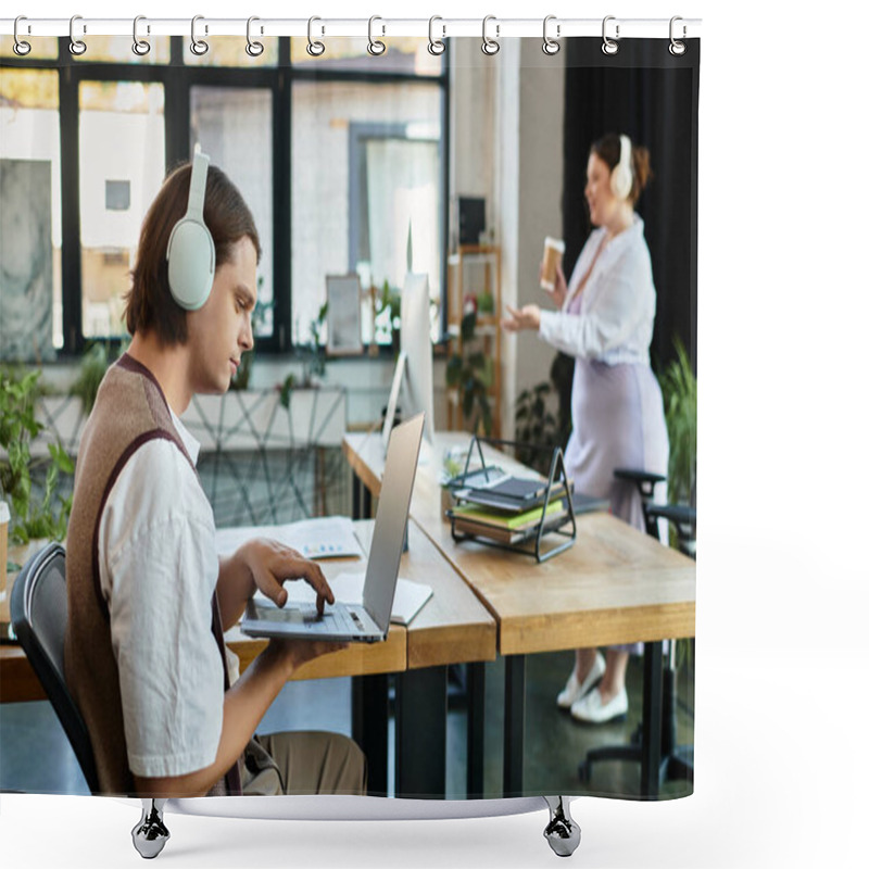 Personality  A Young Plus Size Woman Chats Animatedly With Her Friend, Who Focuses On His Laptop. Shower Curtains