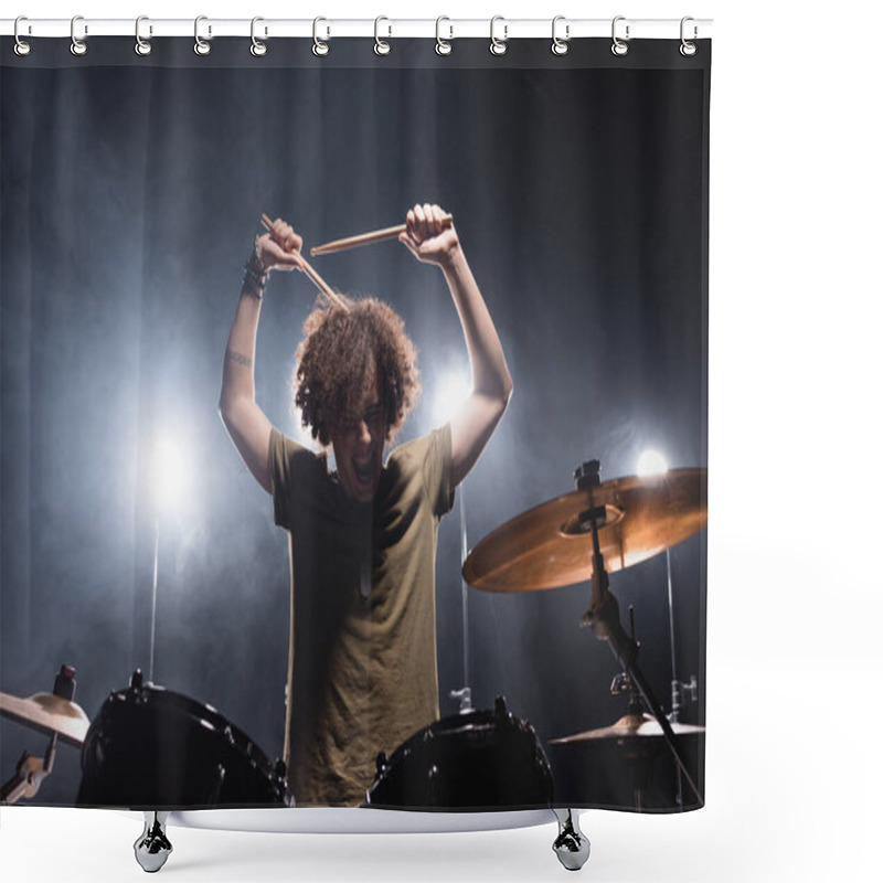 Personality  Curly Musician Shouting, While Holding Drumsticks And Sitting At Drum Kit With Backlit On Background Shower Curtains