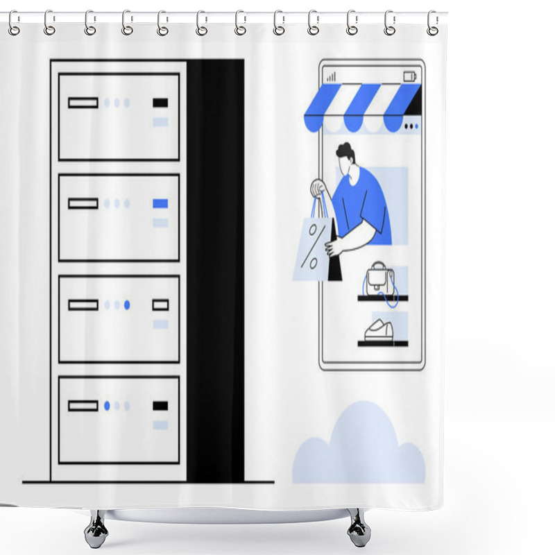 Personality  Server Tower And Person Stores Items In Smartphone Shopping App Storefront. Ideal For E-commerce, Cloud Storage, Digital Transformation, Online Shopping, Data Management, Customer Service, Business Shower Curtains