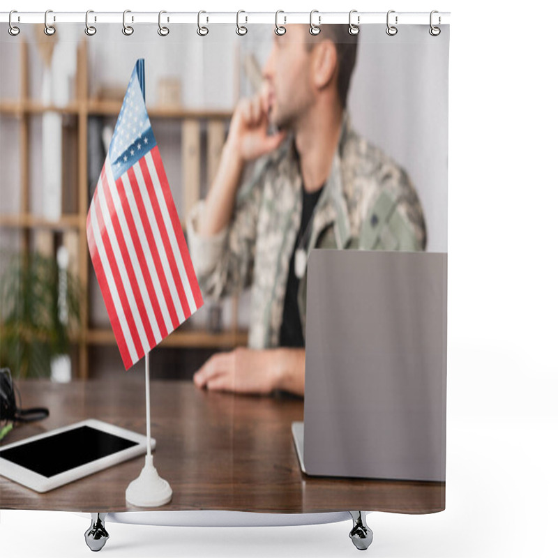 Personality  American Flag And Digital Tablet With Blank Screen Near Military Man In Uniform On Blurred Background Shower Curtains