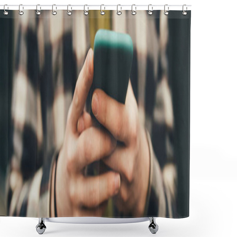 Personality  Cropped View Of Blurred Man Using Smartphone, Banner  Shower Curtains