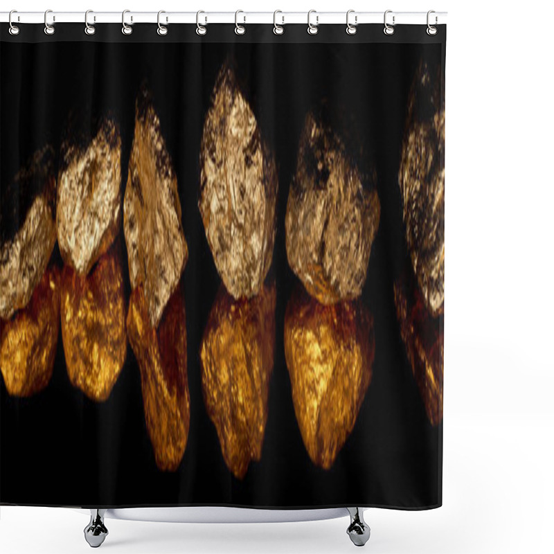 Personality  Panoramic Shot Of Gold Shiny Stones In Row With Reflection Isolated On Black Shower Curtains