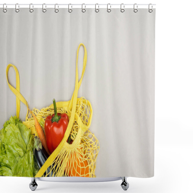 Personality  Yellow String Bag With Fresh Ripe Vegetables On Grey Background Shower Curtains